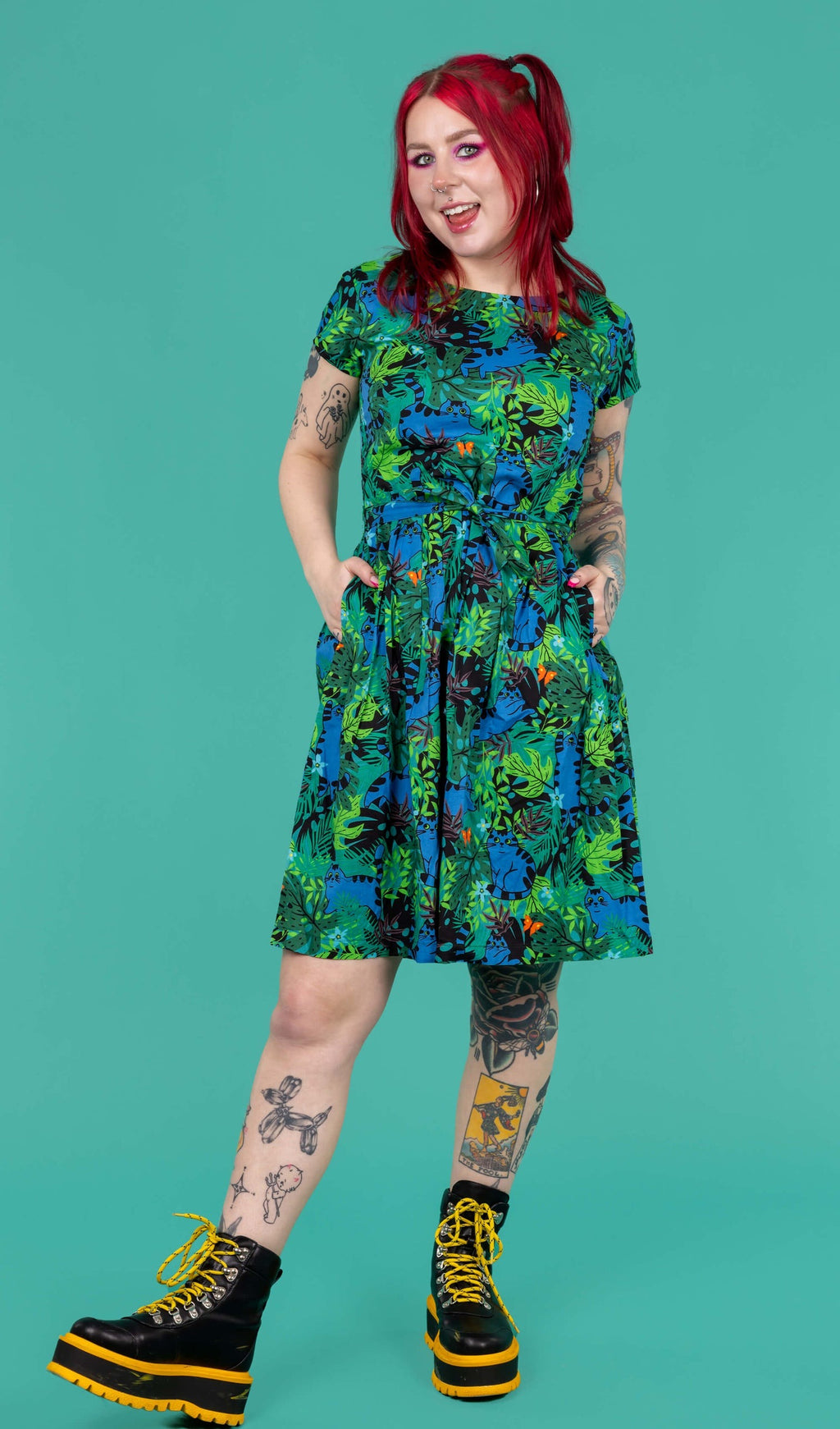 Jungle Cats Print Cotton Tea Dress with Pockets by Run and Fly