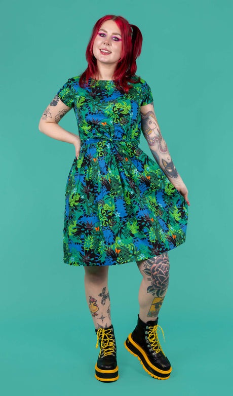 Jungle Cats Print Cotton Tea Dress with Pockets by Run and Fly