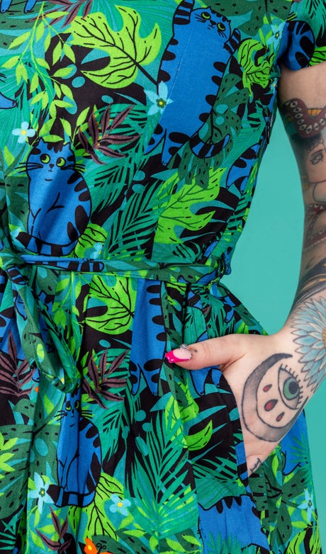 Jungle Cats Print Cotton Tea Dress with Pockets by Run and Fly