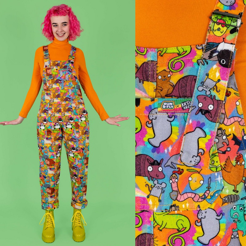 Run and Fly X Katie Abey Weird and Wonderful Print Stretch Twill Cotton Dungarees