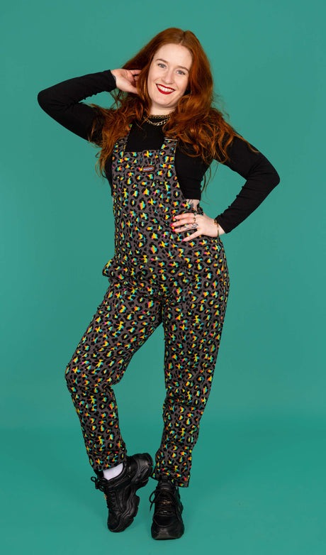 Run and Fly Grey Rainbow Leopard Print Stretch Twill Cotton Dungarees