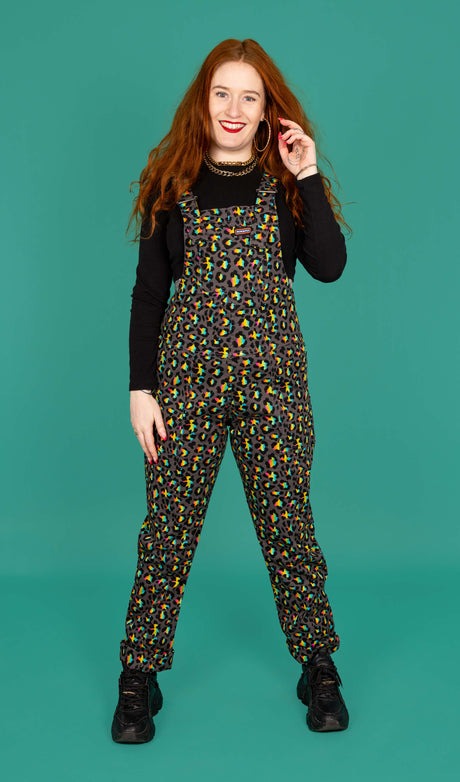 Run and Fly Grey Rainbow Leopard Print Stretch Twill Cotton Dungarees