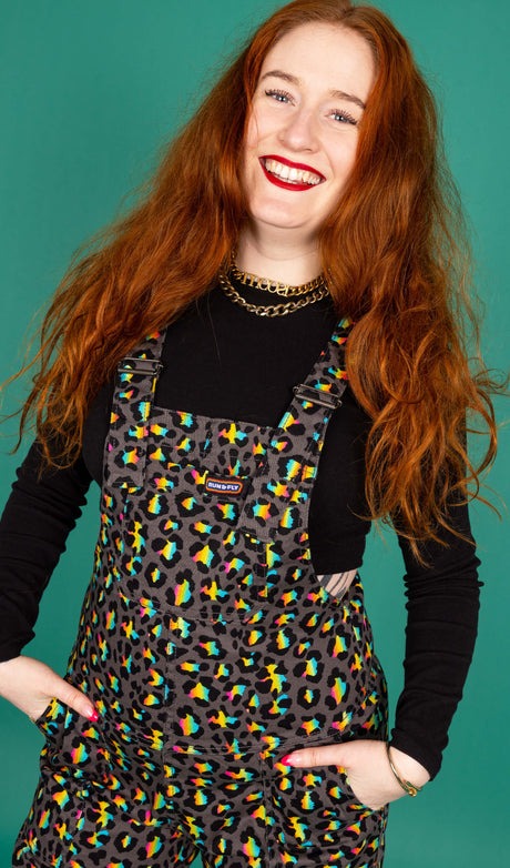 Run and Fly Grey Rainbow Leopard Print Stretch Twill Cotton Dungarees