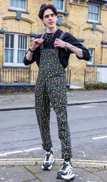 Run and Fly Grey Rainbow Leopard Print Stretch Twill Cotton Dungarees