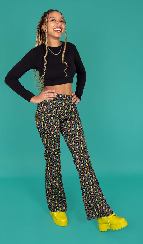 Grey Rainbow Leopard Print Bell Bottom Flares Jeans by Run and Fly