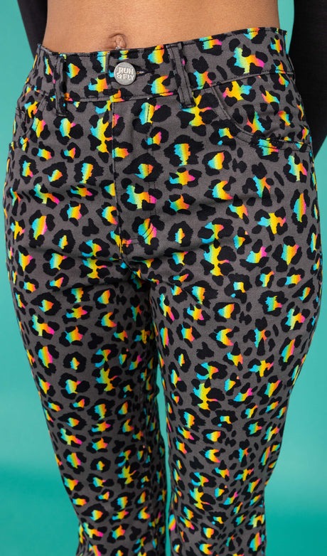 Grey Rainbow Leopard Print Bell Bottom Flares Jeans by Run and Fly