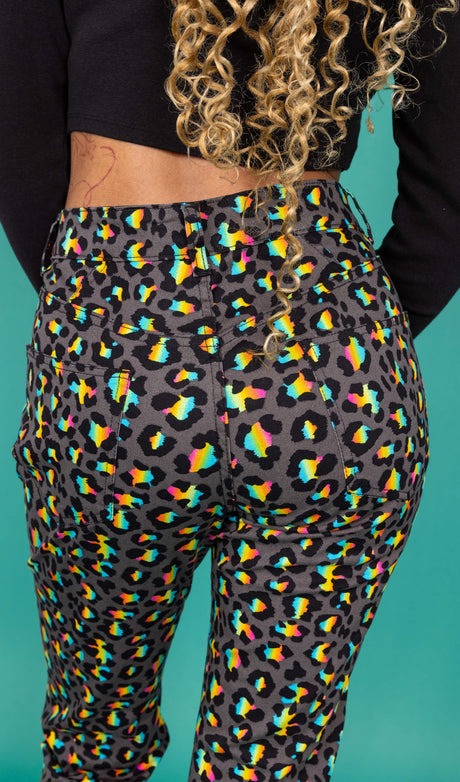 Grey Rainbow Leopard Print Bell Bottom Flares Jeans by Run and Fly