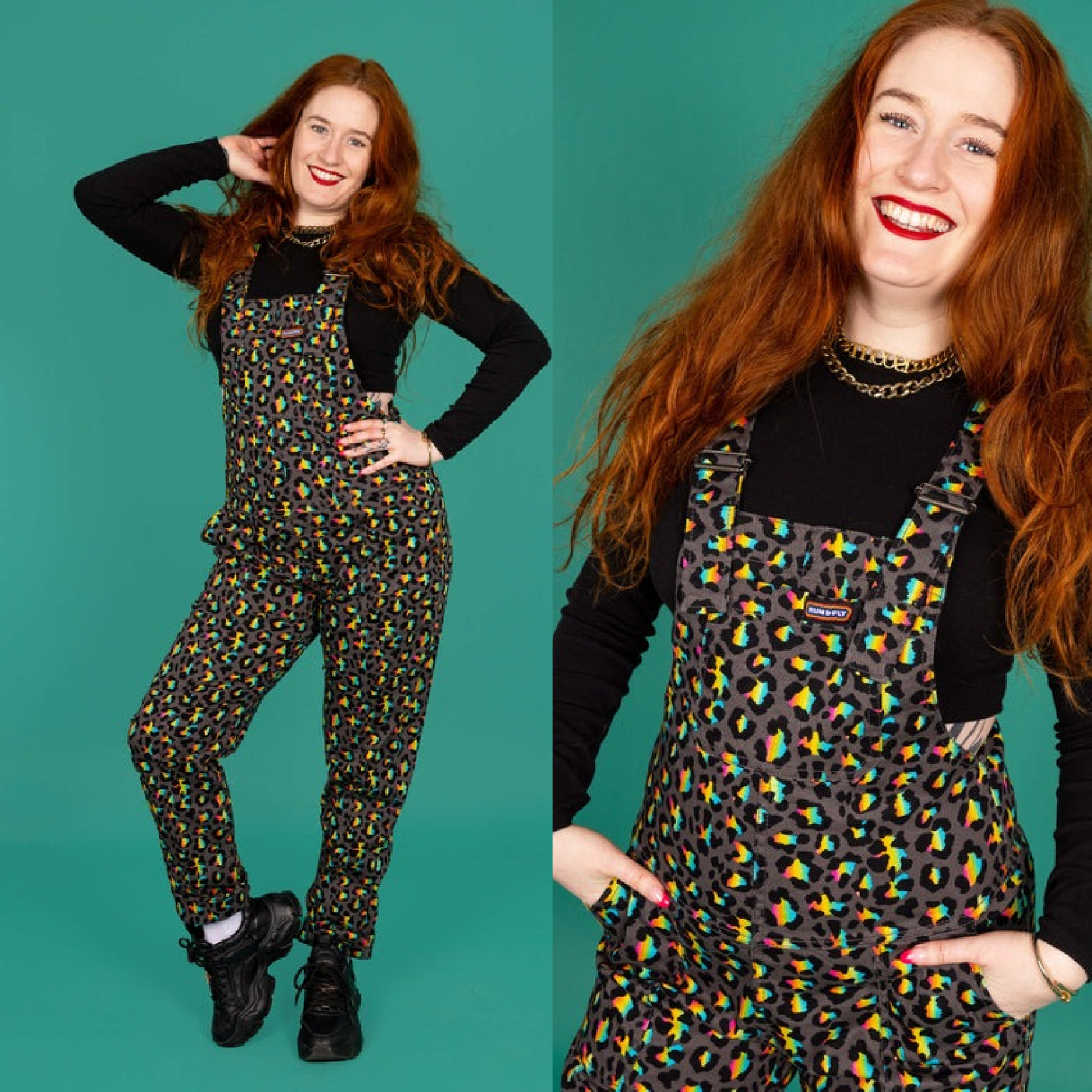 Run and Fly Grey Rainbow Leopard Print Stretch Twill Cotton Dungarees