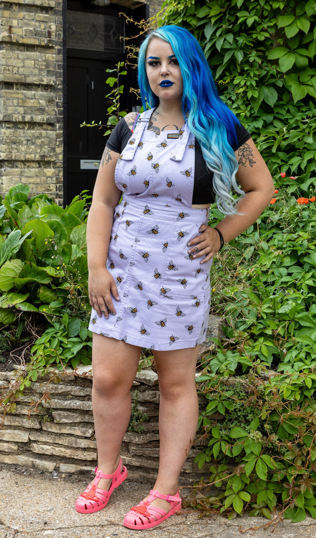 Lavender Bee Print Dungaree Pinafore Dress by Run and Fly