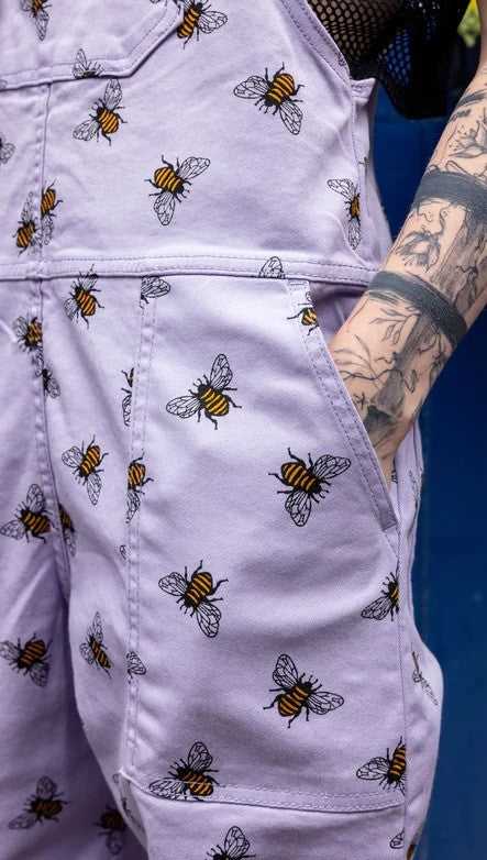 Lavender Bee Print Stretch Twill Cotton Dungarees by Run and Fly