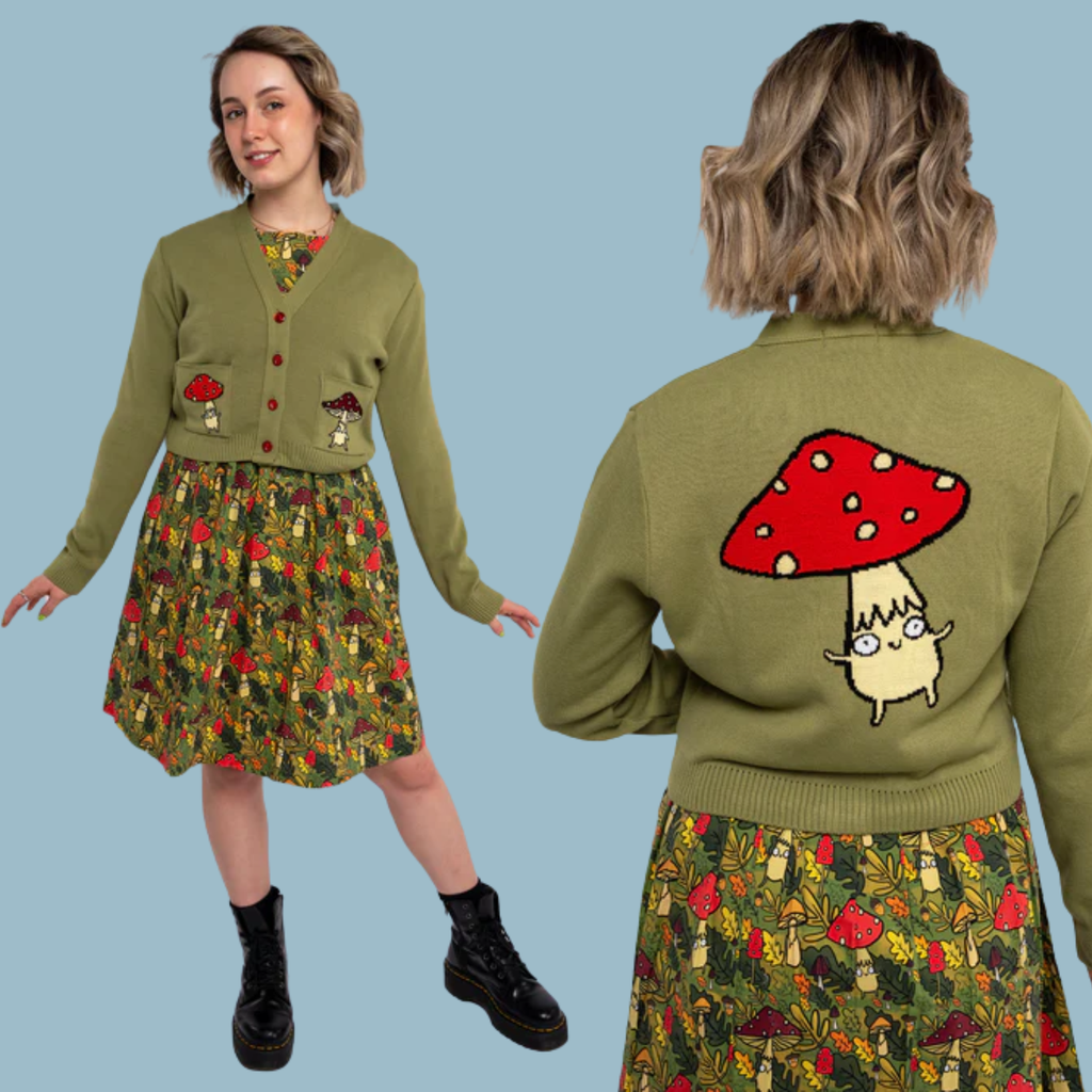 Green Mushroom Cardigan by Run and Fly X Katie Abey