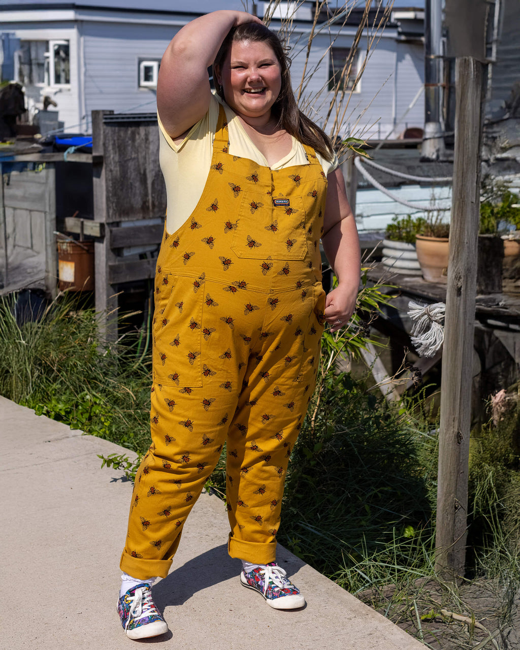 Gold Bee Print Dungarees in Twill Cotton by Run and Fly