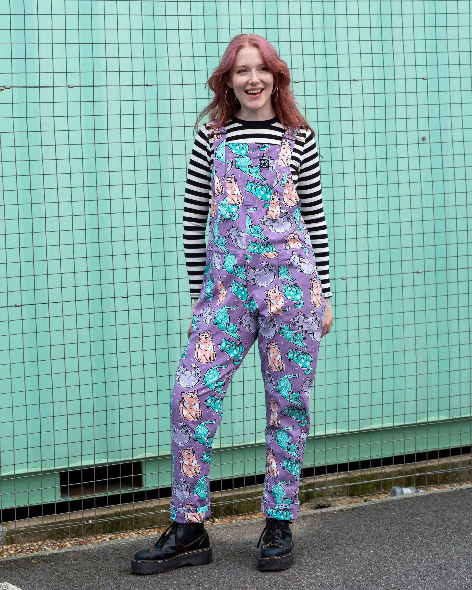 Purrfect Cats Print Stretch Cotton Dungarees by Rebel Romance