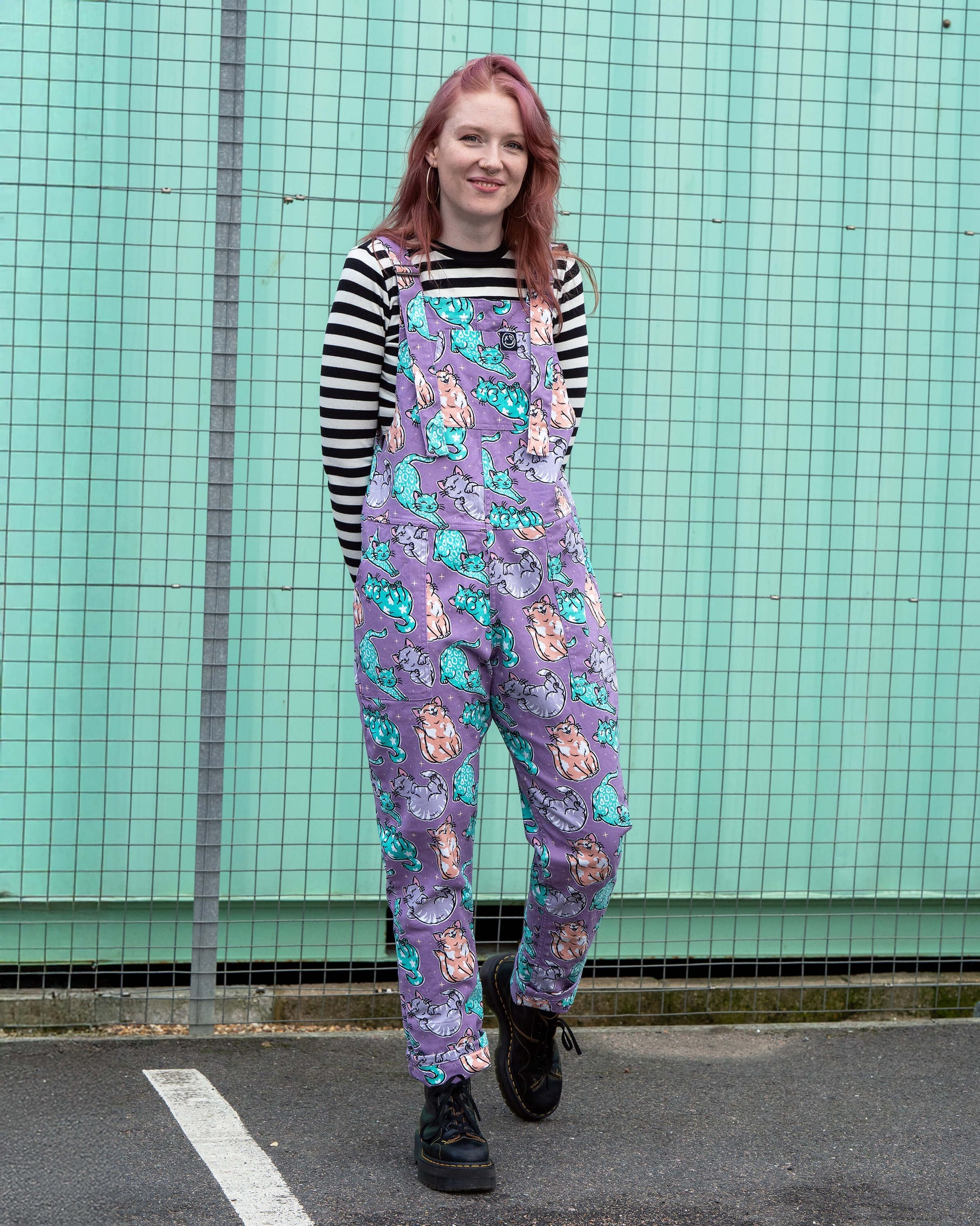 Purrfect Cats Print Stretch Cotton Dungarees by Rebel Romance