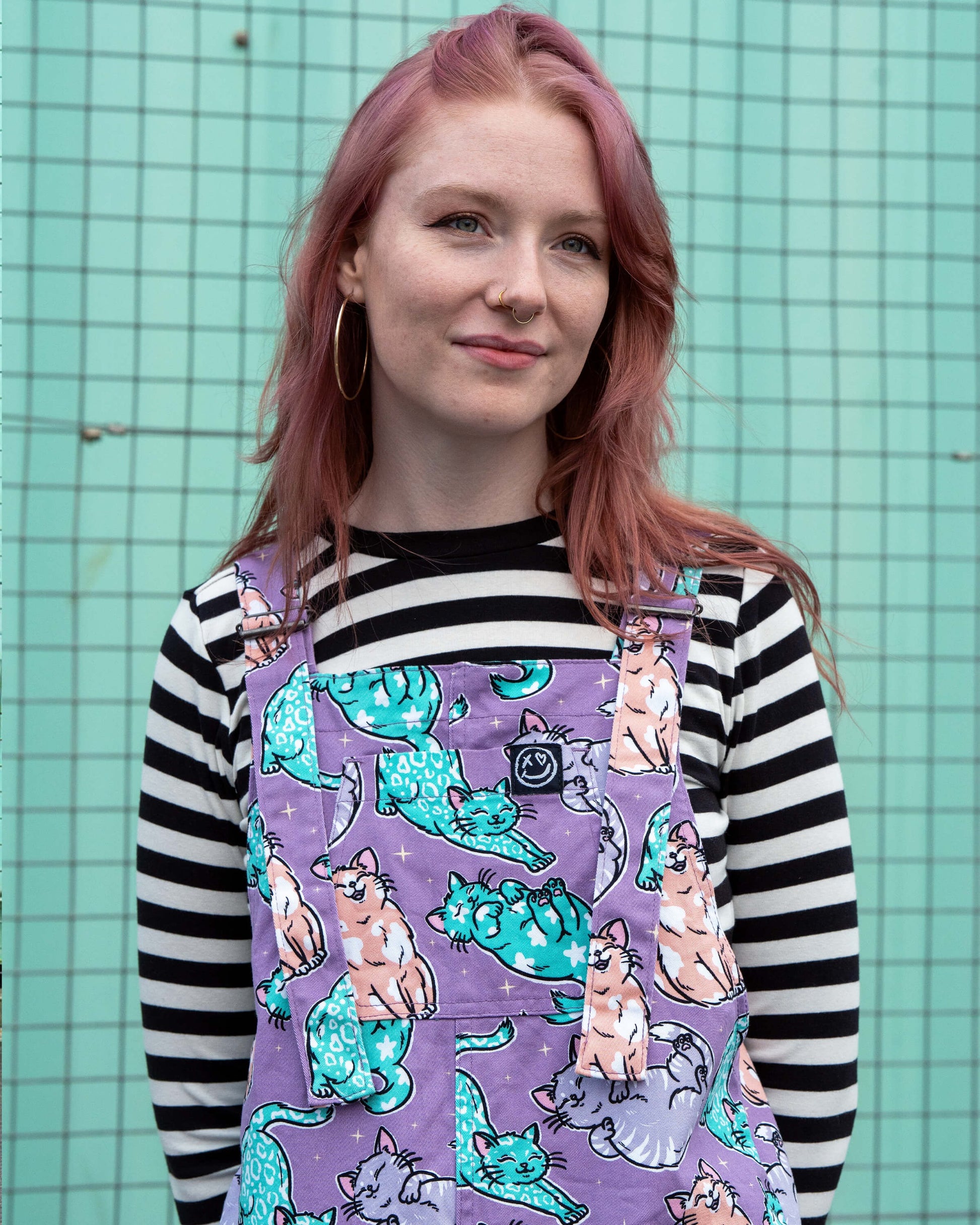 Purrfect Cats Print Stretch Cotton Dungarees by Rebel Romance