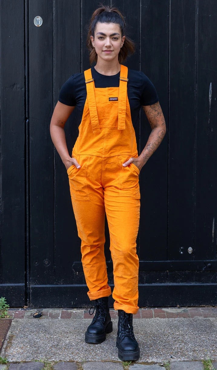 Highlighter Orange Stretch Corduroy Dungarees by Run and Fly