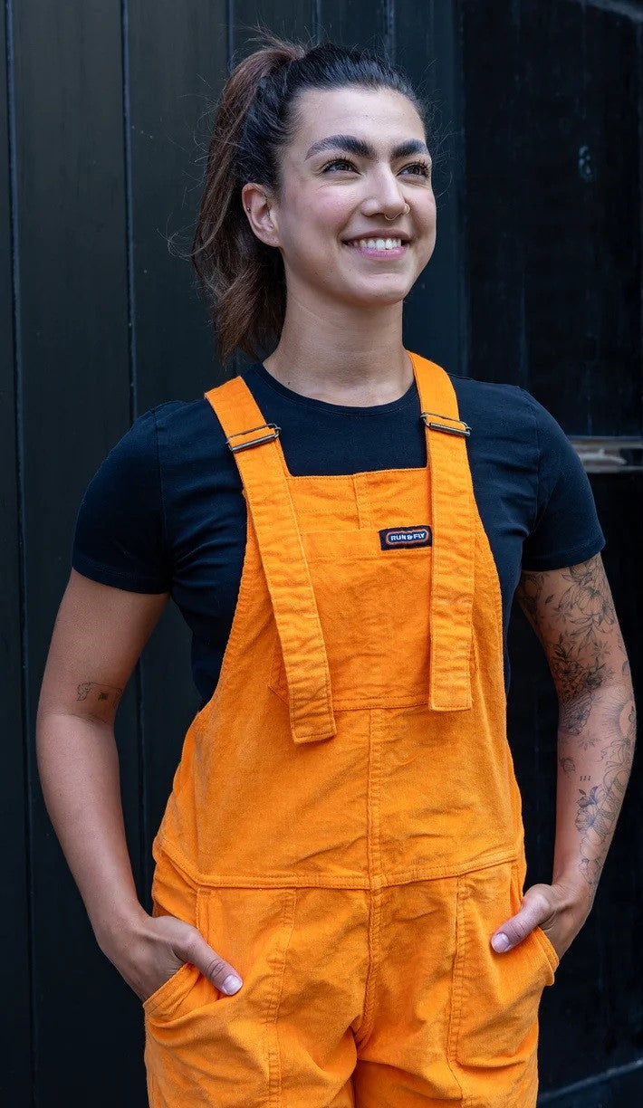 Highlighter Orange Stretch Corduroy Dungarees by Run and Fly