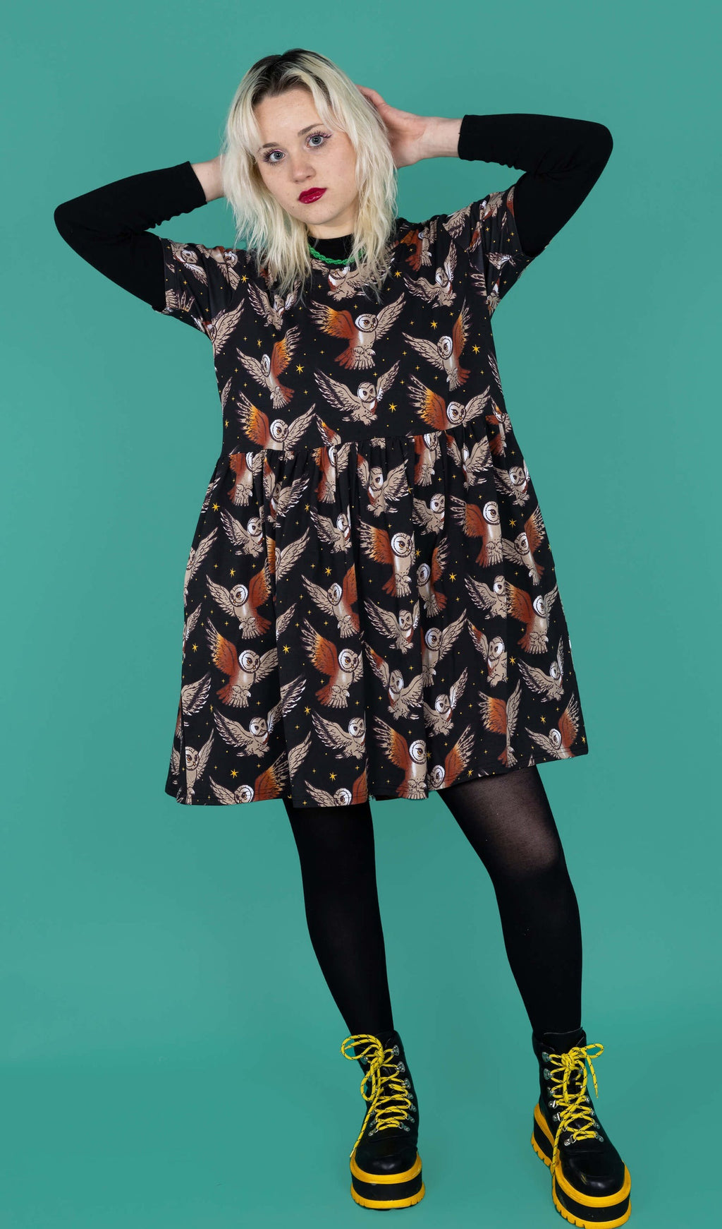 Owl Print Smock Dress with Pockets by Run and Fly