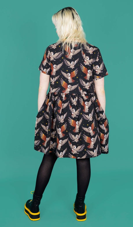 Owl Print Smock Dress with Pockets by Run and Fly