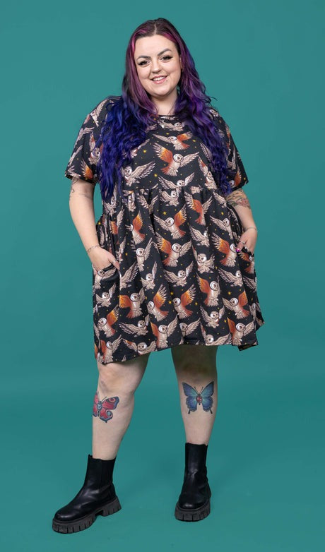 Owl Print Smock Dress with Pockets by Run and Fly