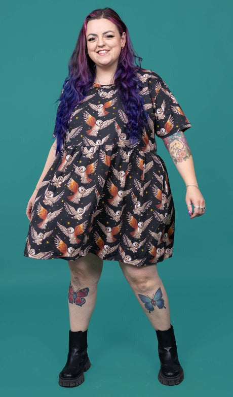 Owl Print Smock Dress with Pockets by Run and Fly