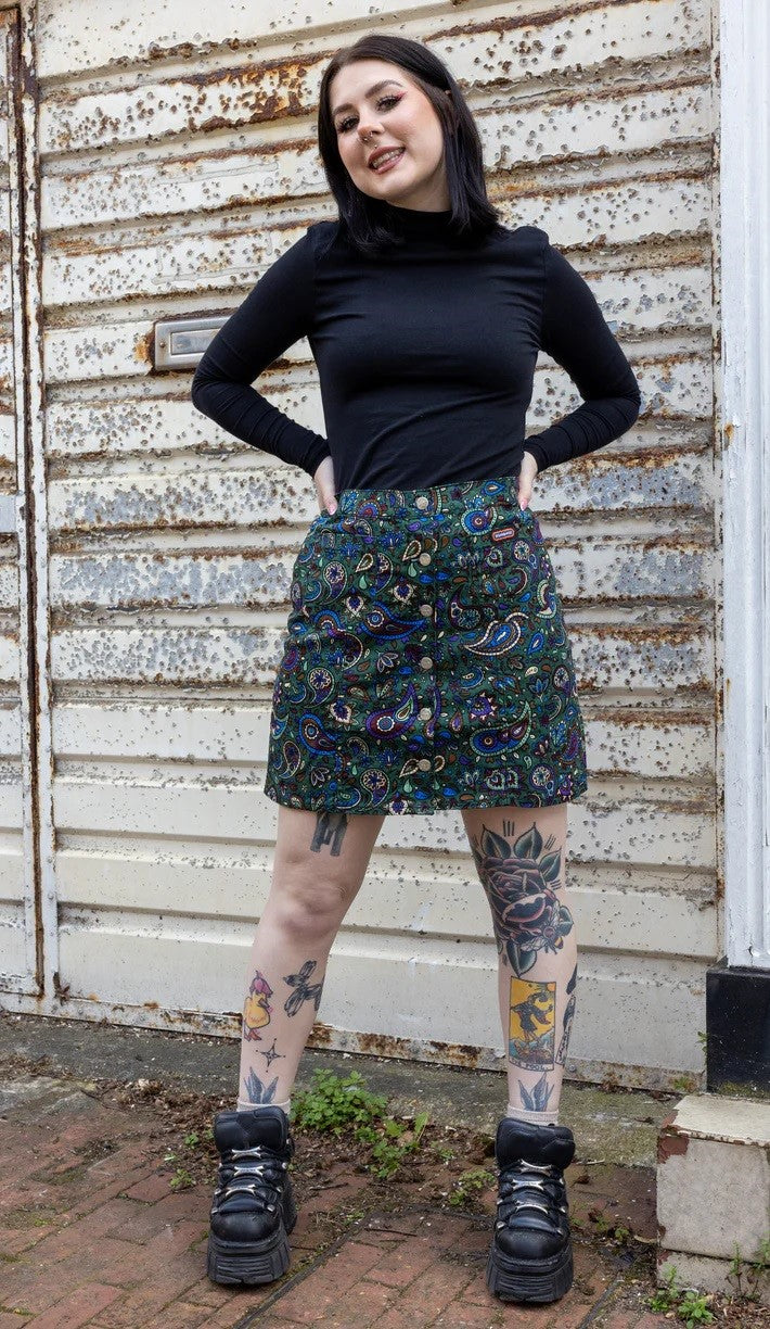 Forest Green Paisley Print Button Front Skirt by Run and Fly