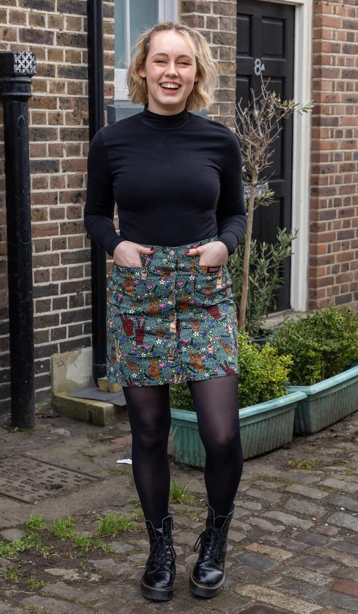 Peace and Love Print Button Front Skirt by Run and Fly