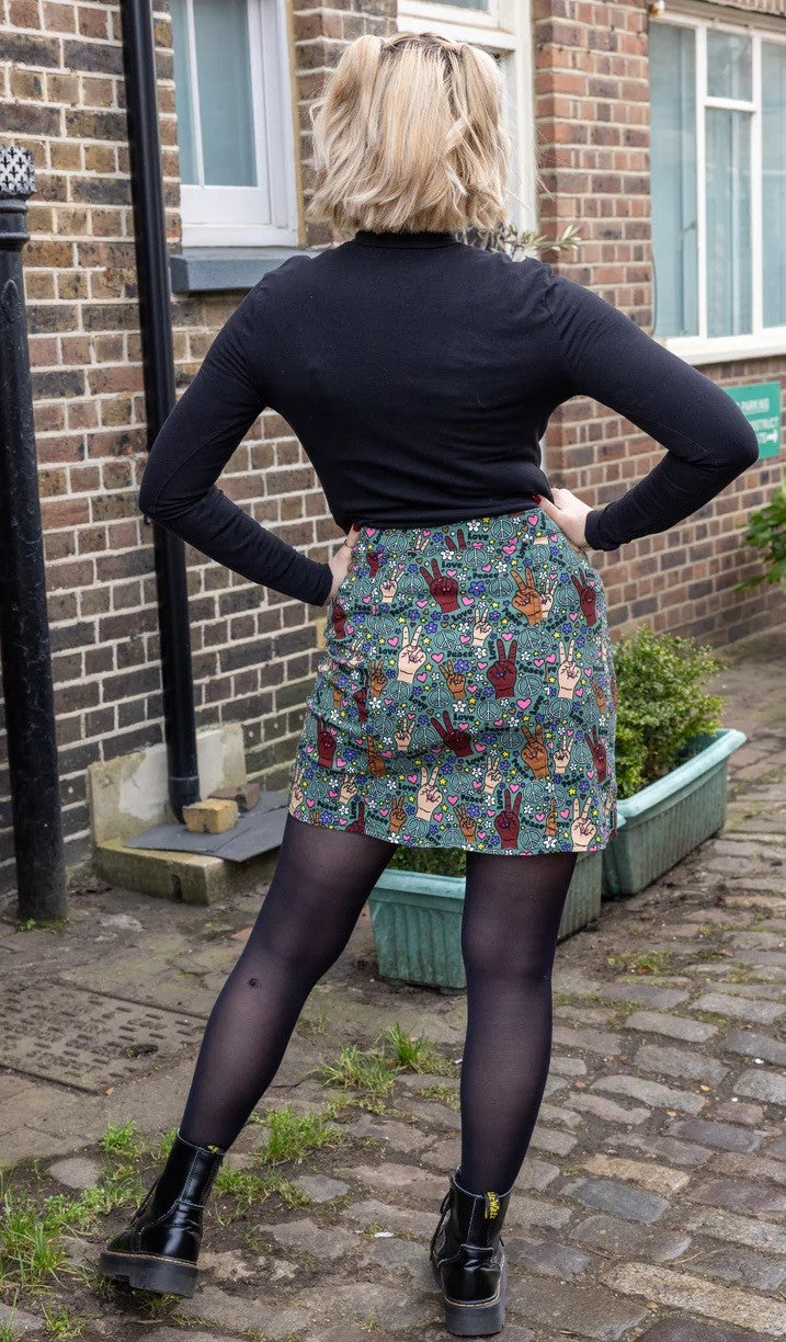Peace and Love Print Button Front Skirt by Run and Fly
