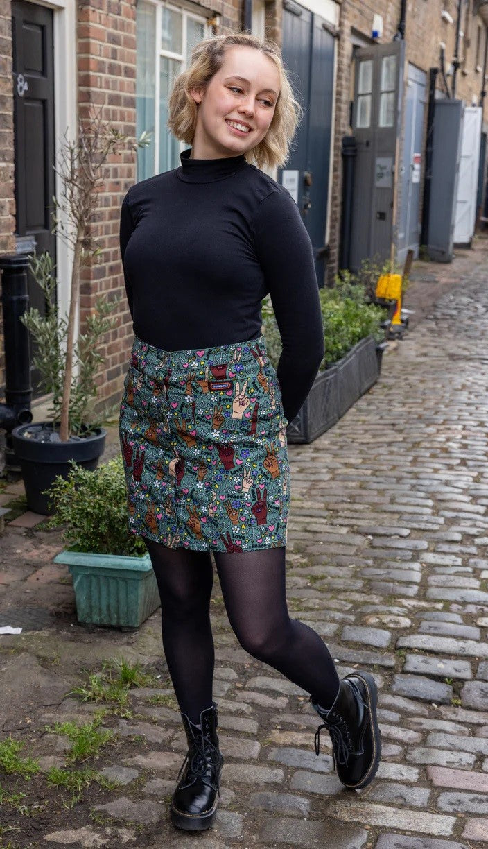 Peace and Love Print Button Front Skirt by Run and Fly