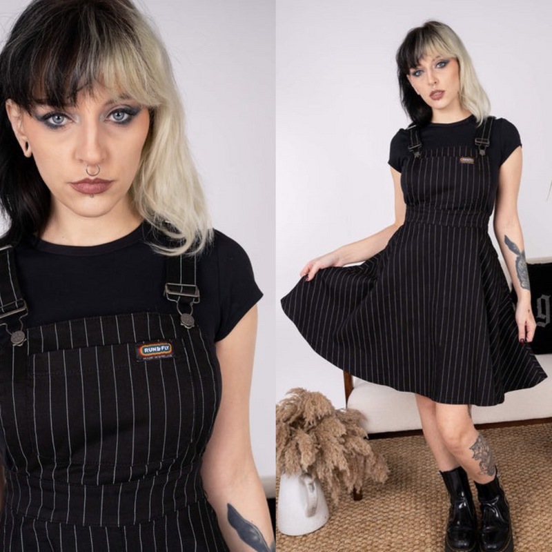 Run and Fly Black Pinstripe Flared Pinafore Dress