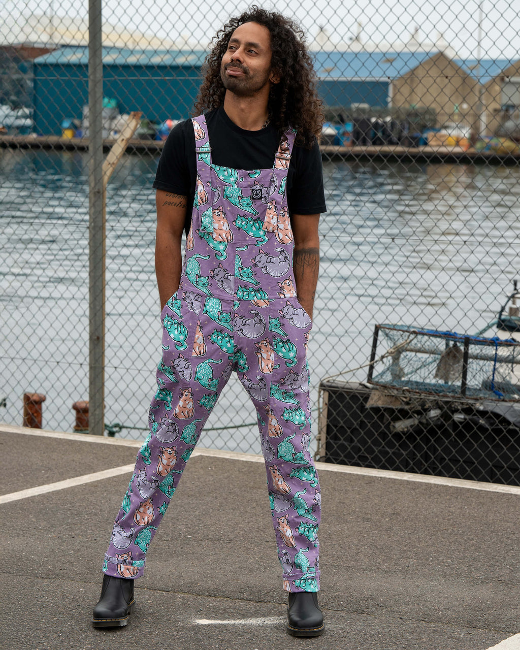 Purrfect Cats Print Stretch Cotton Dungarees by Rebel Romance