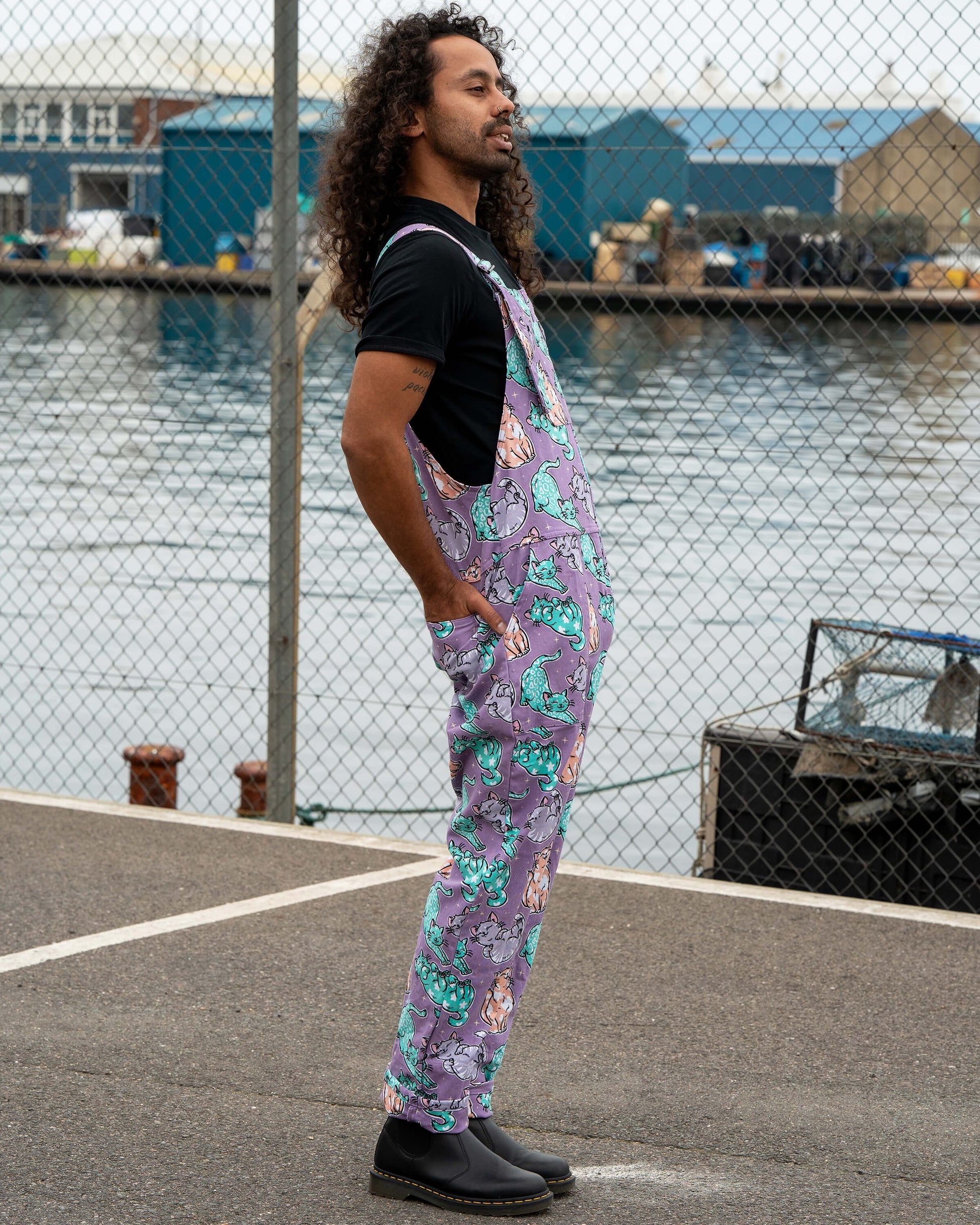 Purrfect Cats Print Stretch Cotton Dungarees by Rebel Romance