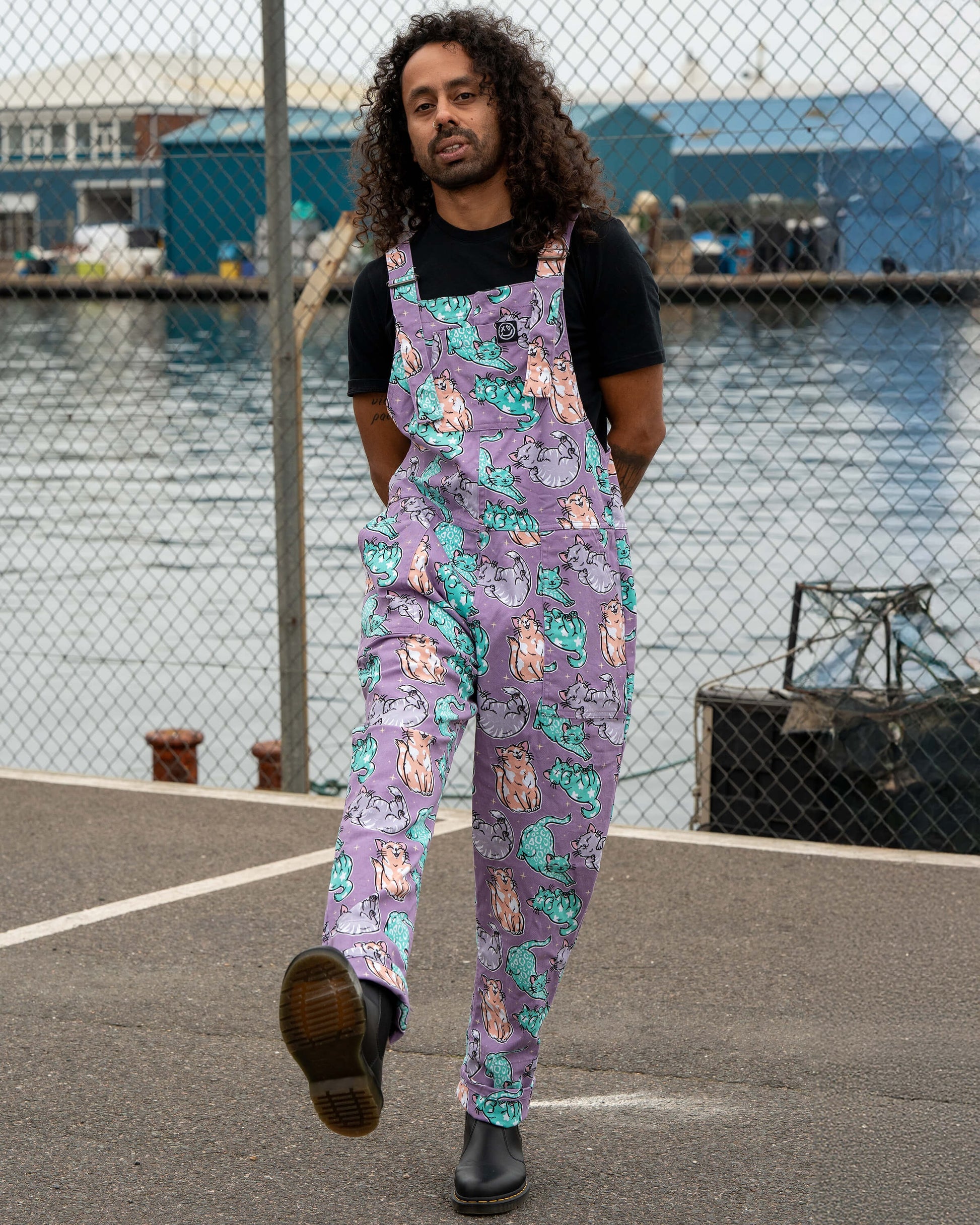 Purrfect Cats Print Stretch Cotton Dungarees by Rebel Romance