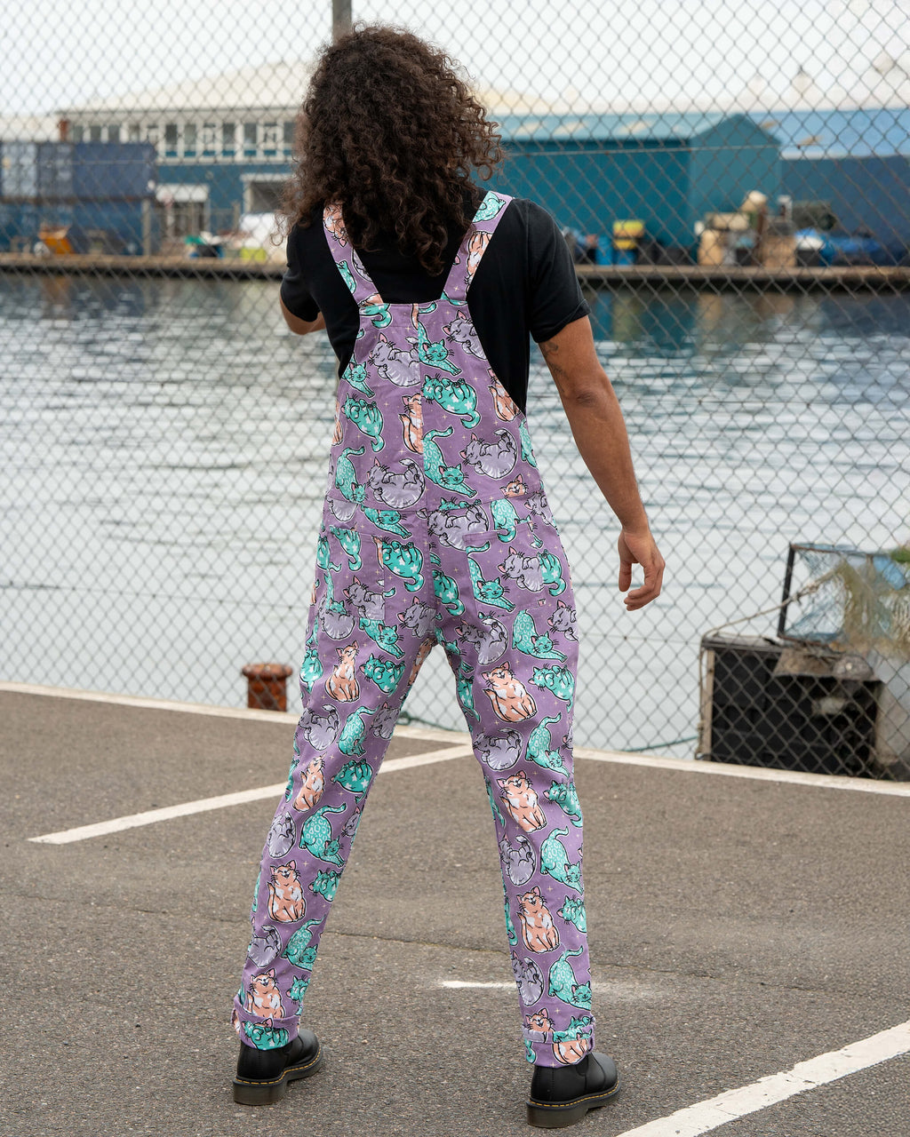 Purrfect Cats Print Stretch Cotton Dungarees by Rebel Romance
