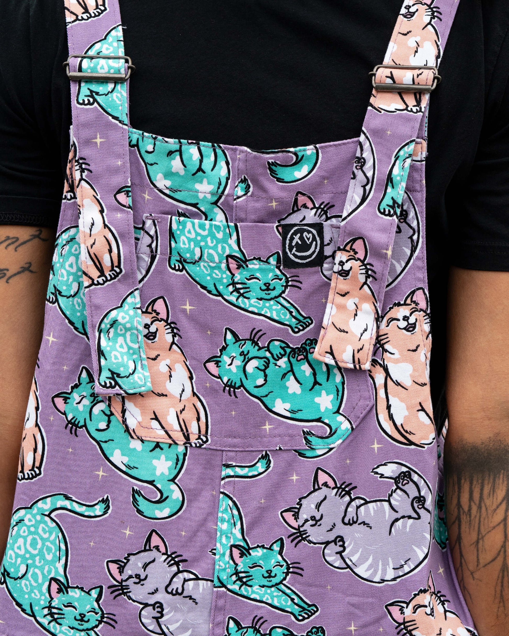Purrfect Cats Print Stretch Cotton Dungarees by Rebel Romance