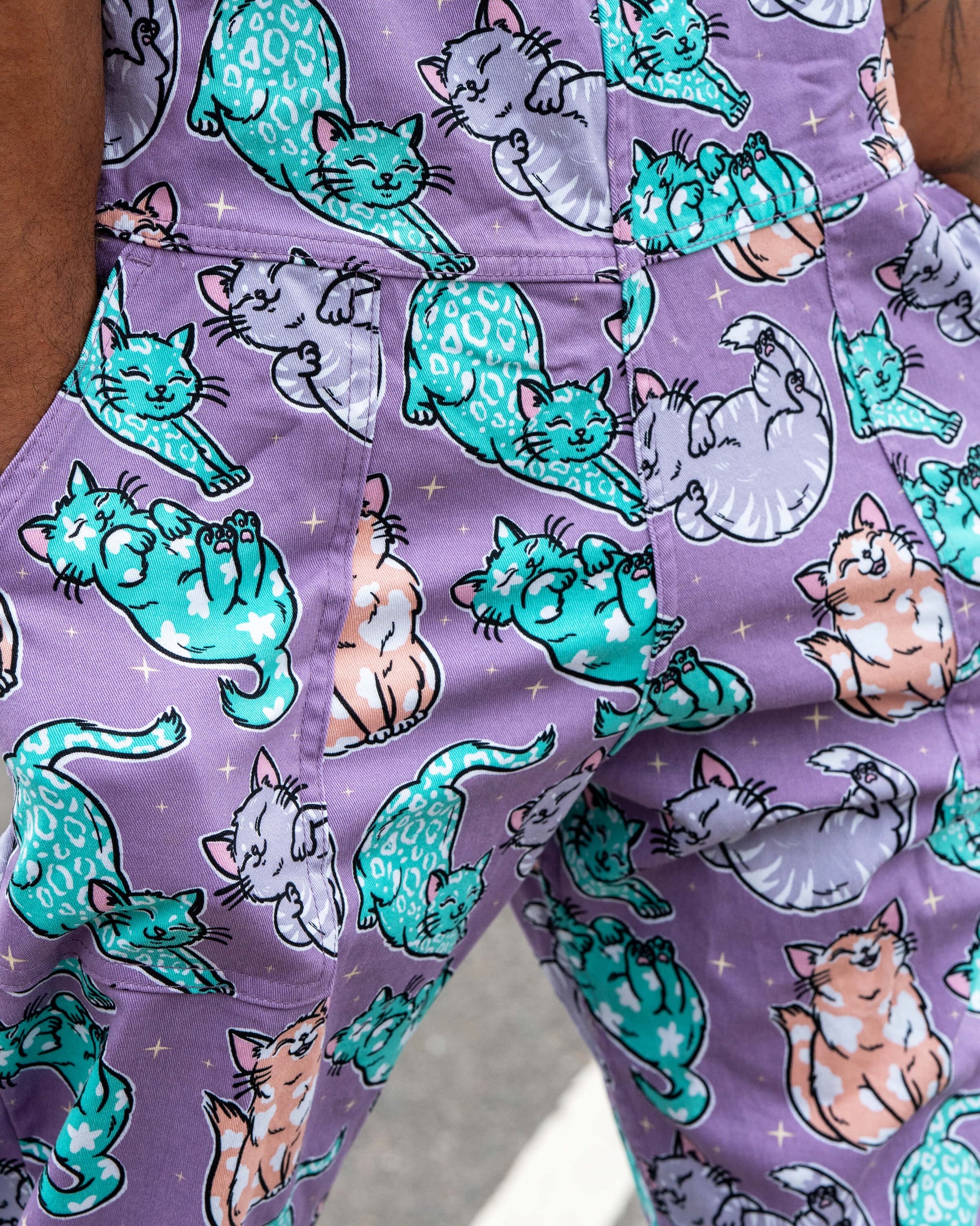 Purrfect Cats Print Stretch Cotton Dungarees by Rebel Romance