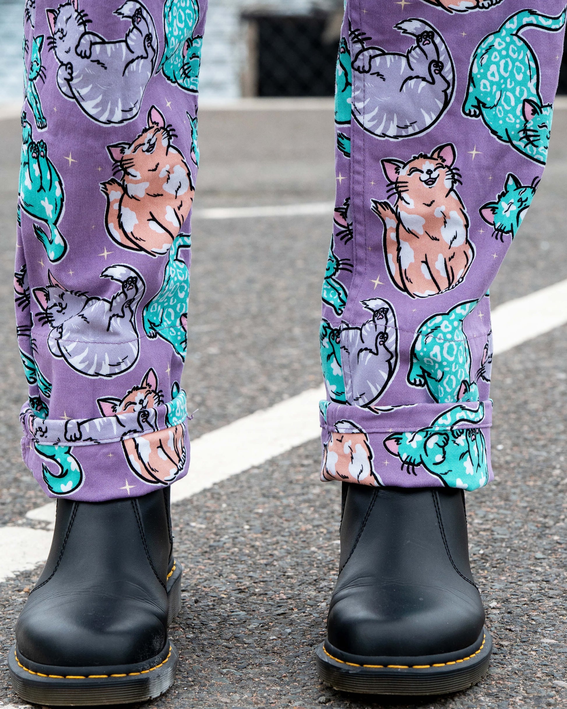 Purrfect Cats Print Stretch Cotton Dungarees by Rebel Romance