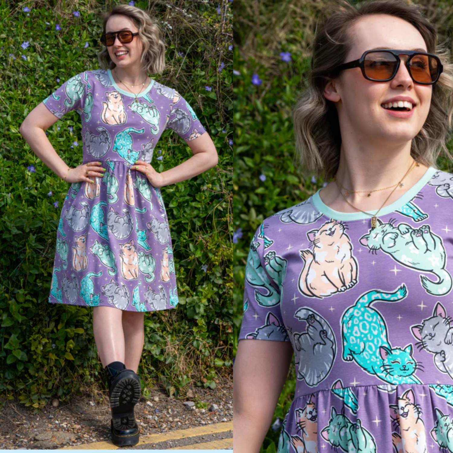 Purrfect Cats Print Smock Dress with Pockets by Rebel Romance