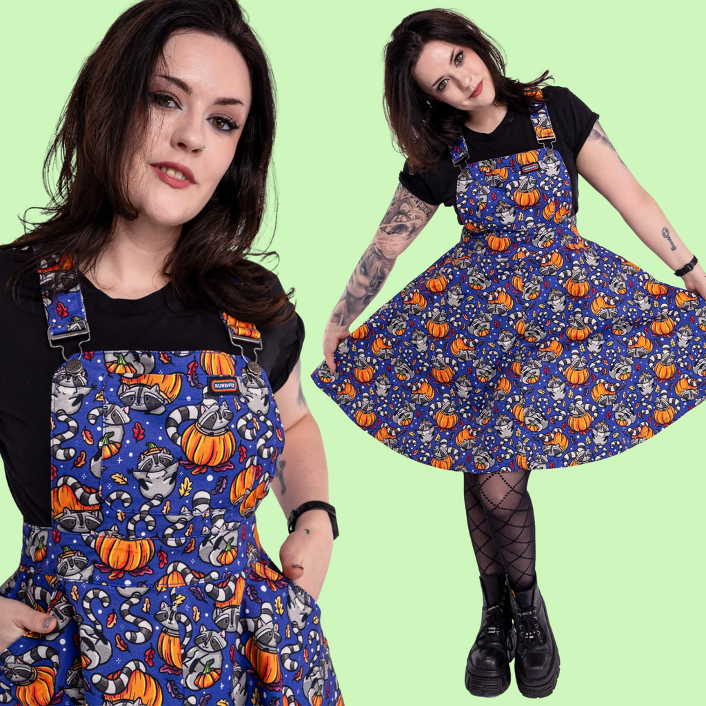 Run and Fly Pumpkin Raccoons Print Flared Pinafore Dress