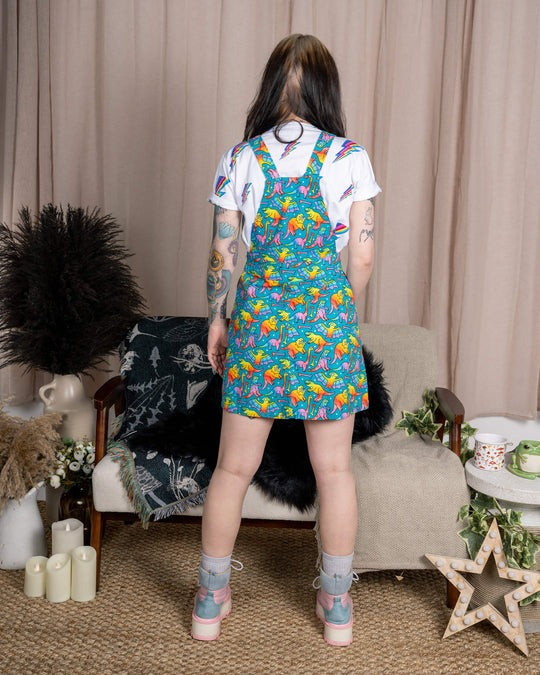 Run and Fly Rainbow Dinosaur Print Pinafore Dress Cute Alt Colourful