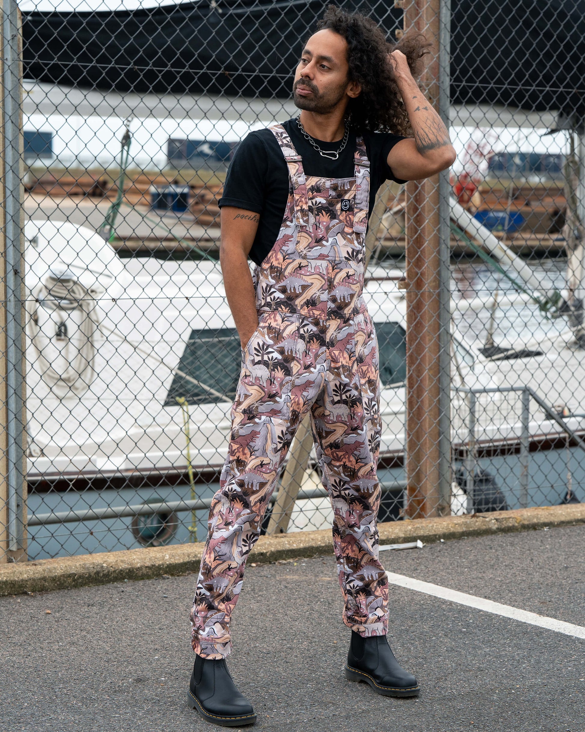 Dinoverse Dinosaur Print Stretch Cotton Dungarees by Rebel Romance