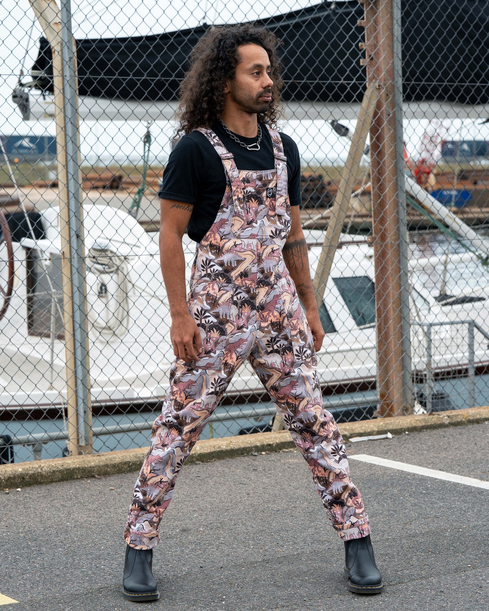 Dinoverse Dinosaur Print Stretch Cotton Dungarees by Rebel Romance