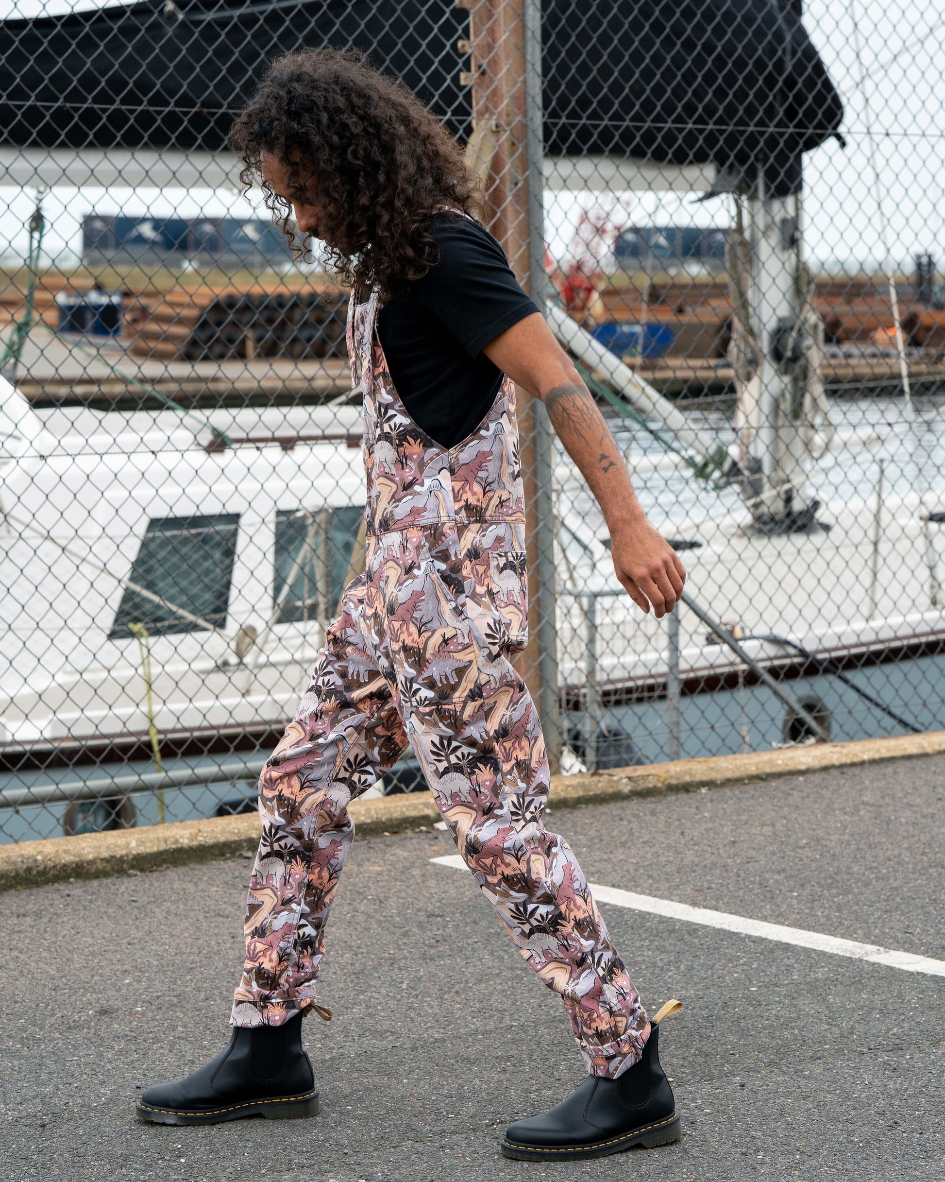 Dinoverse Dinosaur Print Stretch Cotton Dungarees by Rebel Romance