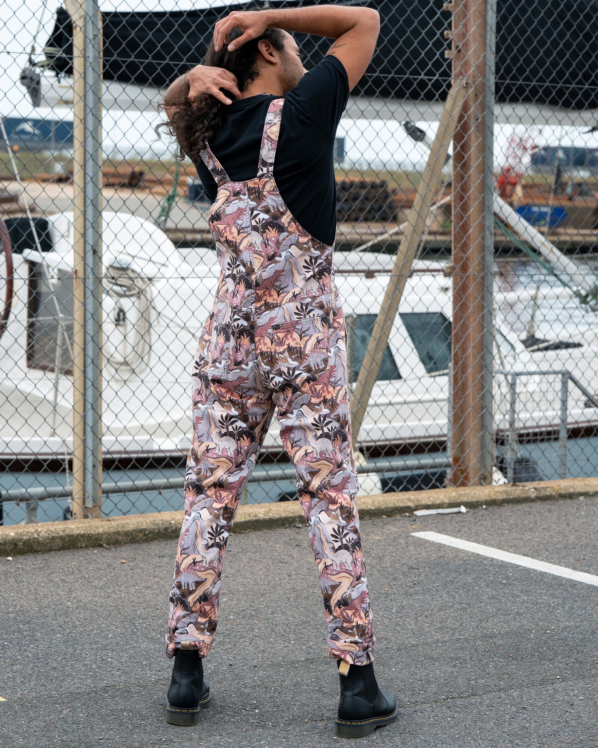 Dinoverse Dinosaur Print Stretch Cotton Dungarees by Rebel Romance