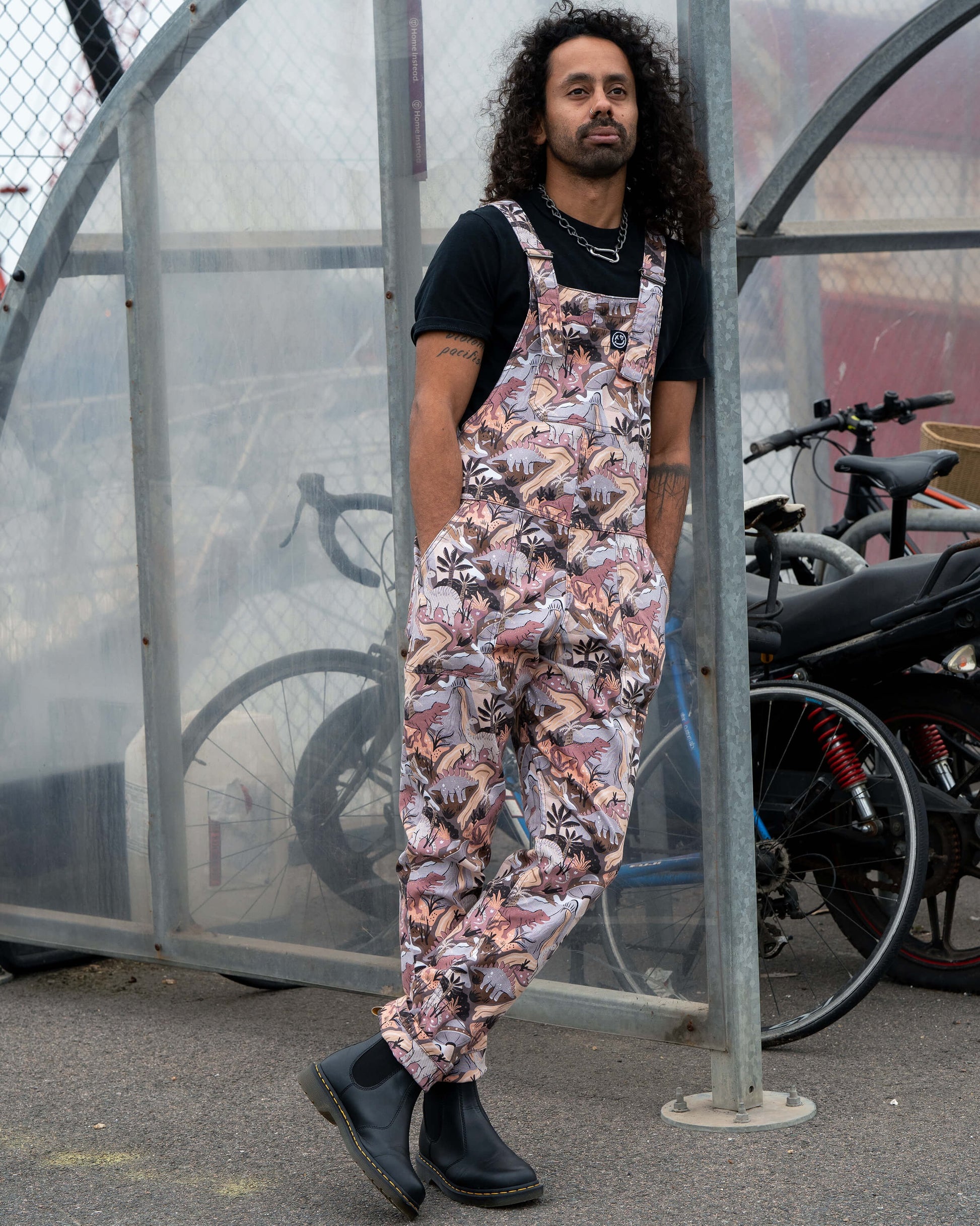 Dinoverse Dinosaur Print Stretch Cotton Dungarees by Rebel Romance