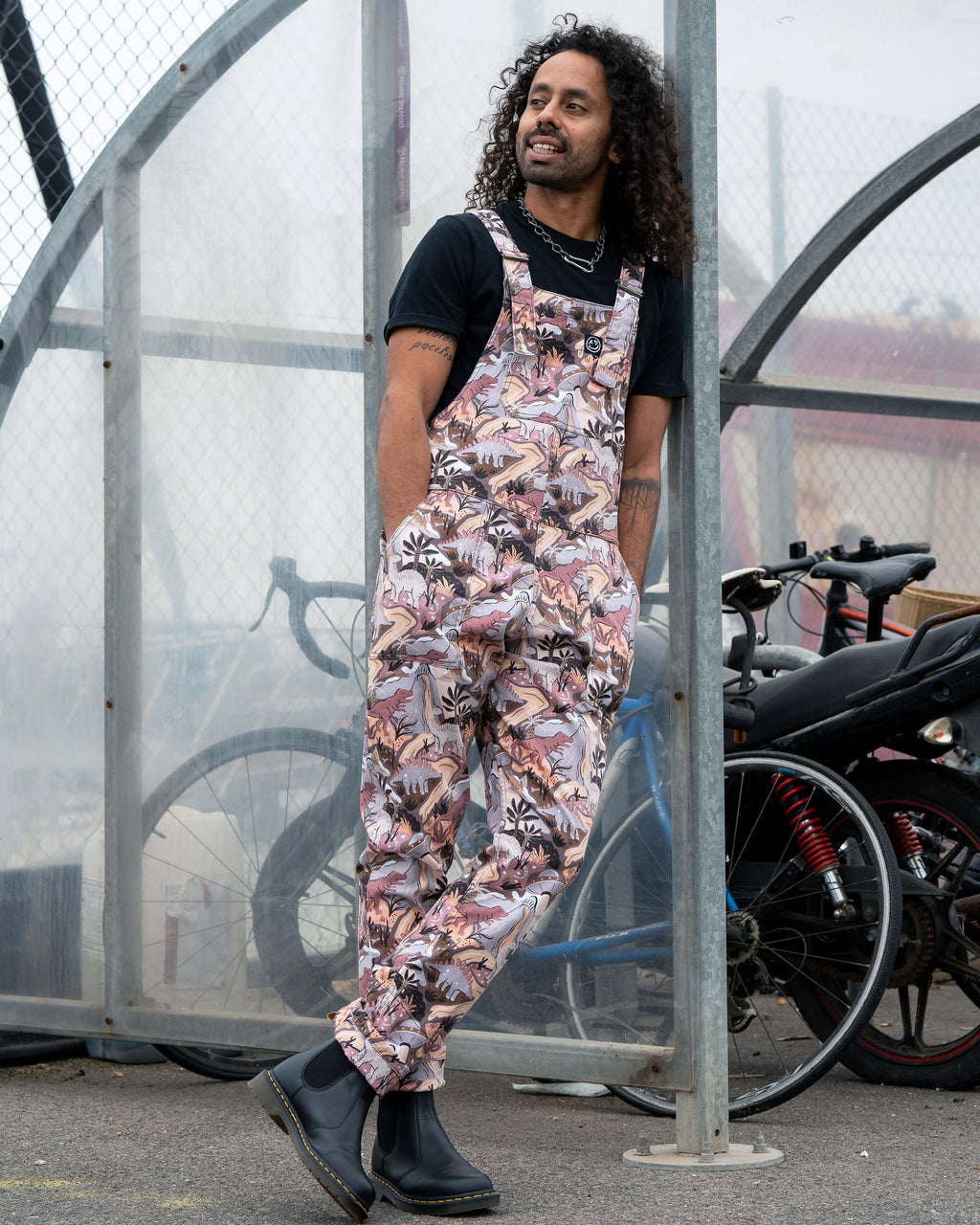 Dinoverse Dinosaur Print Stretch Cotton Dungarees by Rebel Romance