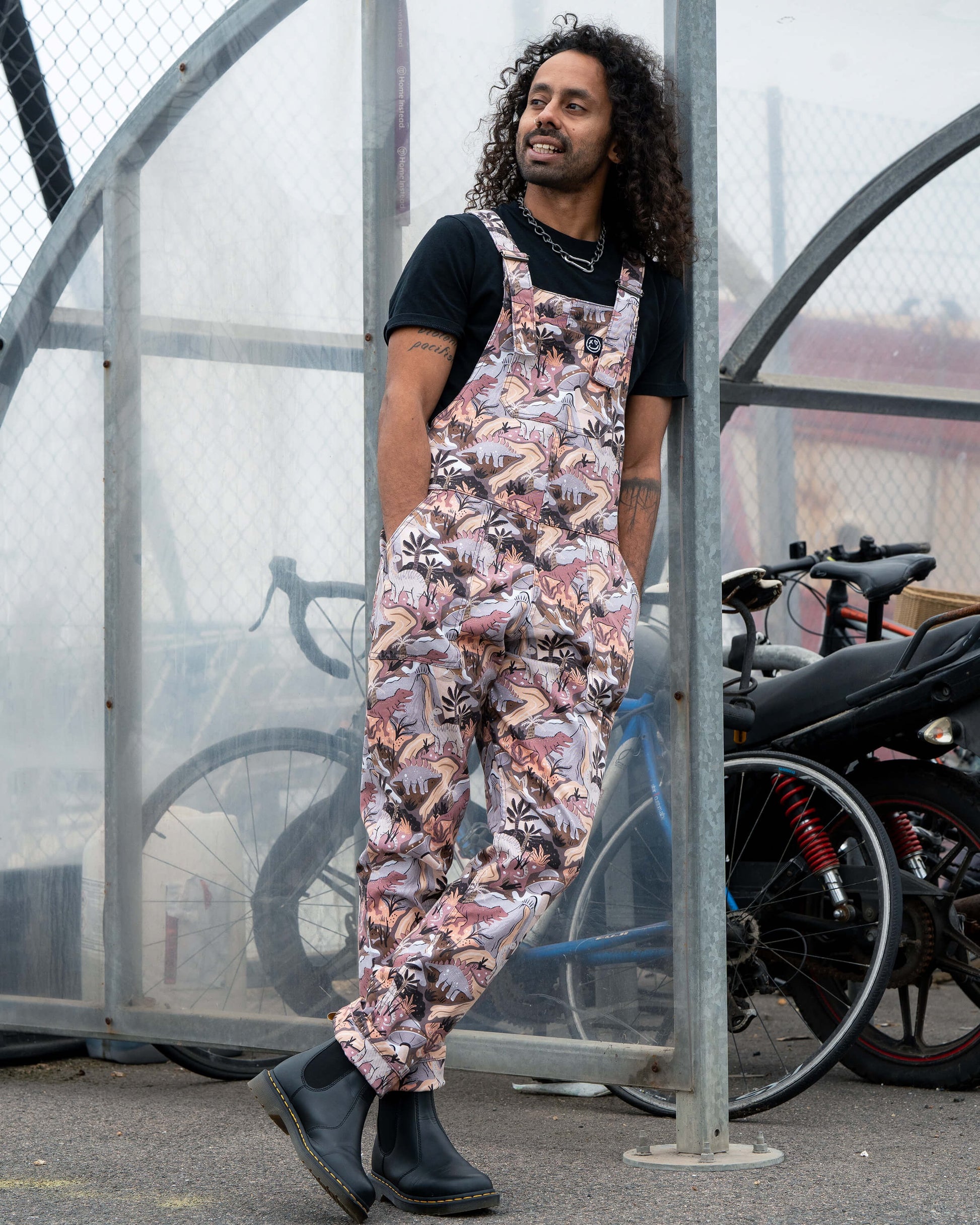 Dinoverse Dinosaur Print Stretch Cotton Dungarees by Rebel Romance