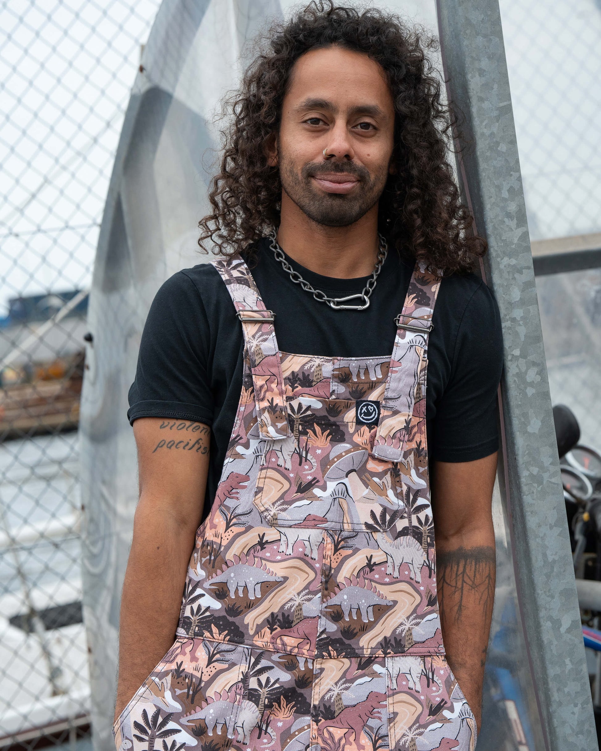 Dinoverse Dinosaur Print Stretch Cotton Dungarees by Rebel Romance