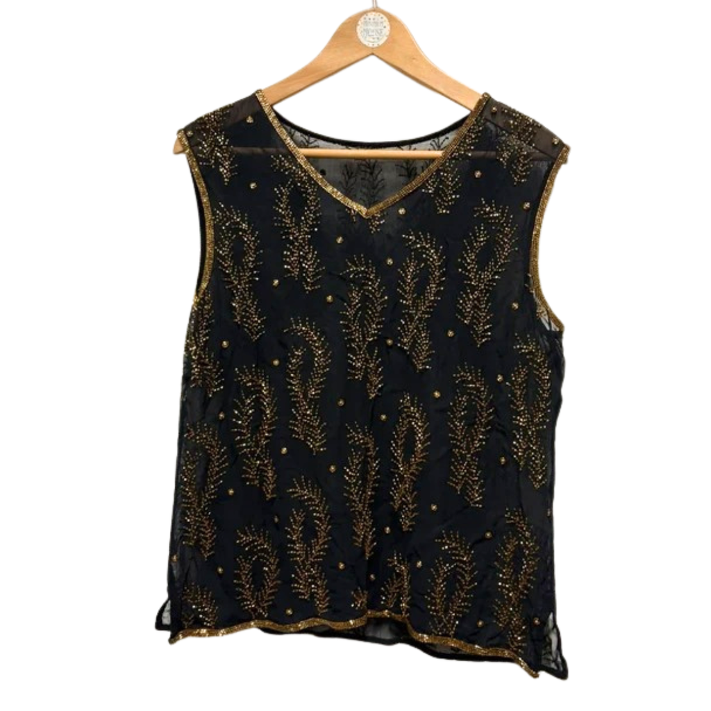 Vintage 90’s sheer black sequin beaded top 10 Party Glam Y2K