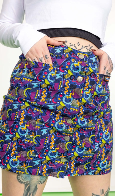 90's Arcade Print Button Front Skirt by Run and Fly
